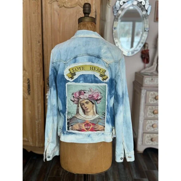 Large Distressed Denim Jacket Sacred Heart Folk Art Boho